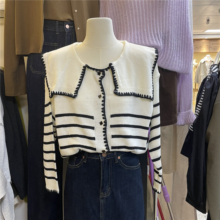 New in autumn! [SUSAN] Navy collar striped Korean thin knitted cardigan 88320# LSW