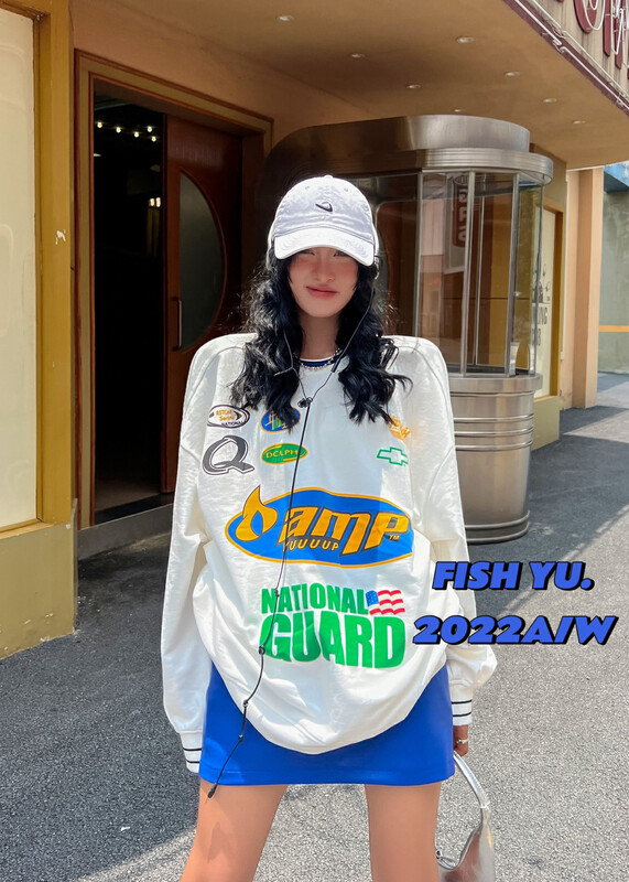 [FISH YU] American retro LOGO icon flocking foam printing sweater 22392