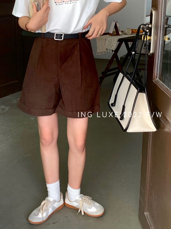 【ING】High waist all-match loose straight five points casual shorts (with belt) 8129