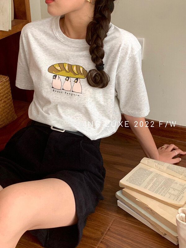 [ING] Loose and versatile cartoon printed letter short-sleeved T-shirt ING-8127
