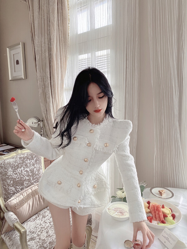 【ALALA EMELIA】Nice Haute Couture Balmain Style White Straight Cut Waist Jacket Shorts Suit T1861# JHY