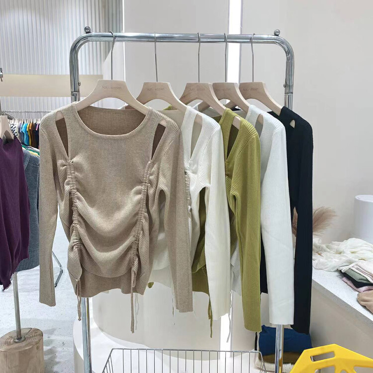 New in autumn! [Fire Music] Drawstring Hollow Off-shoulder Bottoming Knit Sweater 1360# WTT