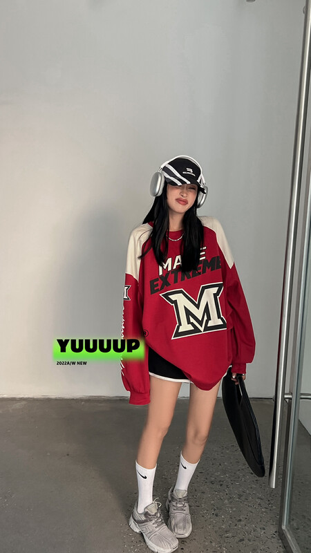 [FISH YU] American retro big M letter flocking foam printing contrast color stitching sweater 622616