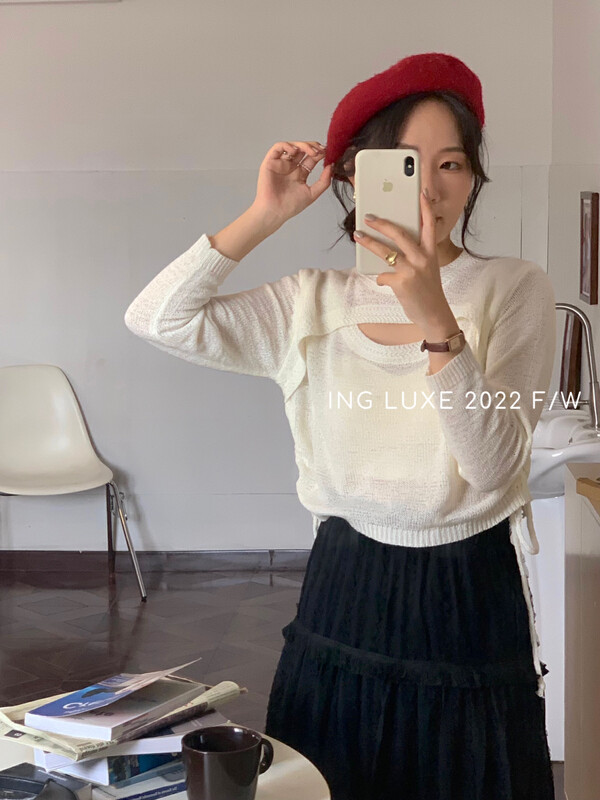 [ING] Hollow round neck fake two-piece drawstring sweater w3699
