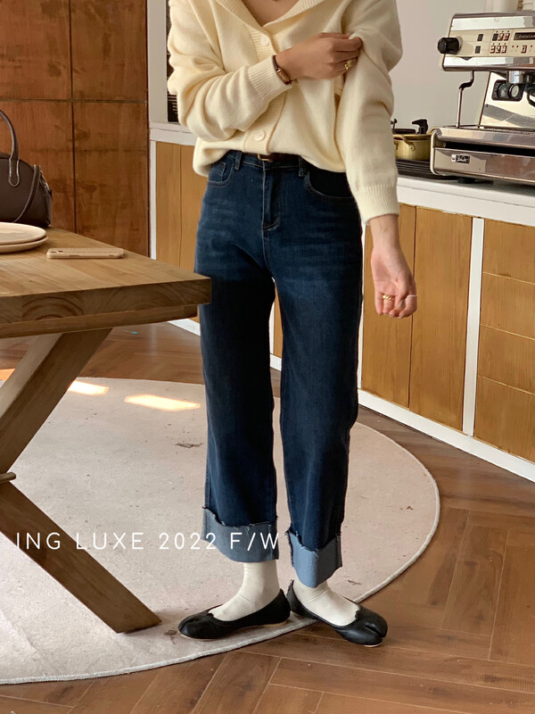 【ING】High-waisted straight-leg retro cuff design jeans 8047