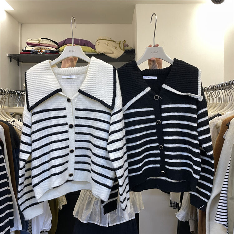 New in autumn!【SUSAN】Large lapel striped loose knitted cardigan 81602# LSW