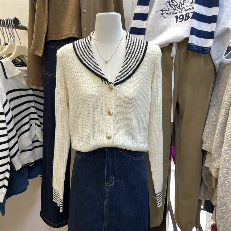 New in autumn! [SUSAN] Korean color-blocked striped collar knitted cardigan 81631# LSW