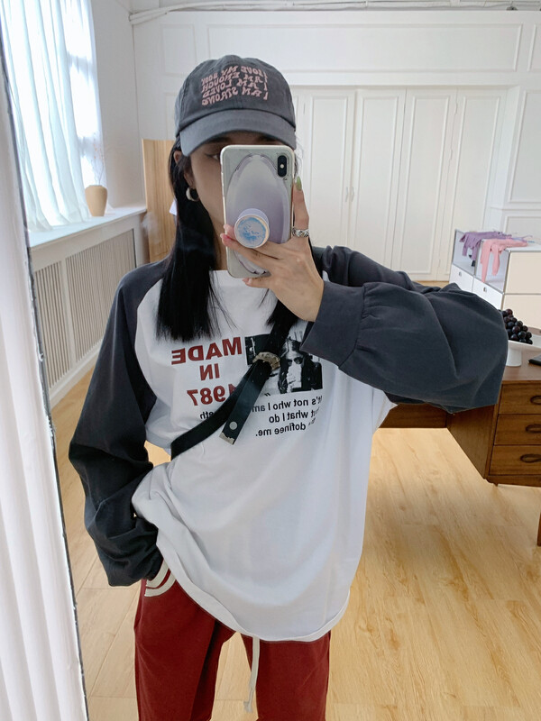 [RAINBOW] Explosive style shoulder sleeve letter print retro long-sleeved T-shirt 28782