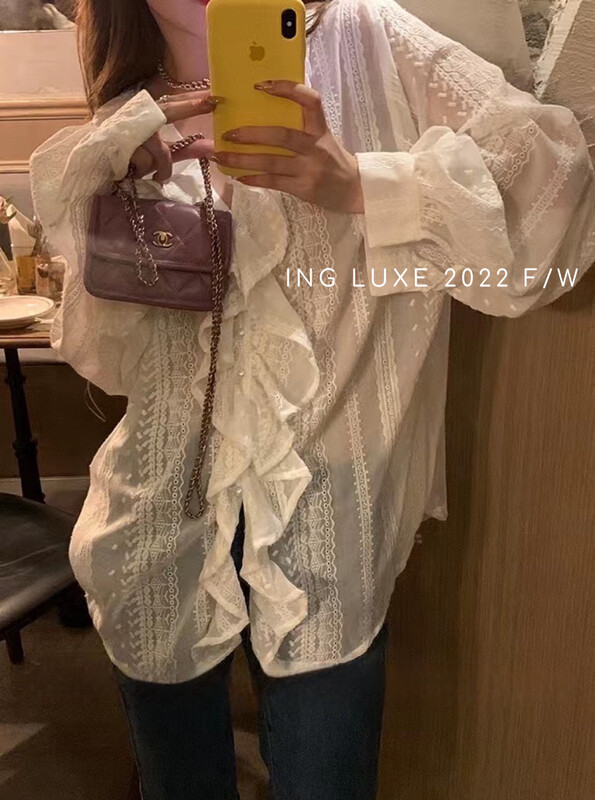 Original price 66.55! [ING] French design cut flower lotus leaf collar shirt 9275