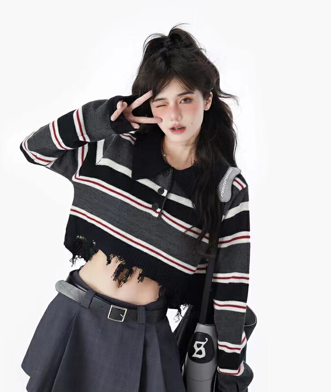 [RAINBOW] Popular short custom striped polo age-reducing sweater 5225-