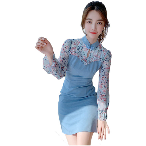 Improved version of cheongsam women's 2022 summer new air waist slimming small chiffon floral dress