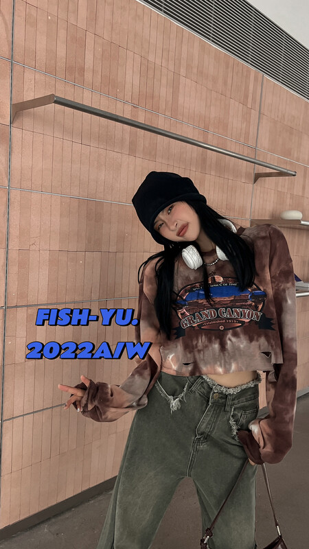 【 FISH YU 】American retro 3D direct-injection printing cut rotten craft short tie-dye sweater 22568# CQW
