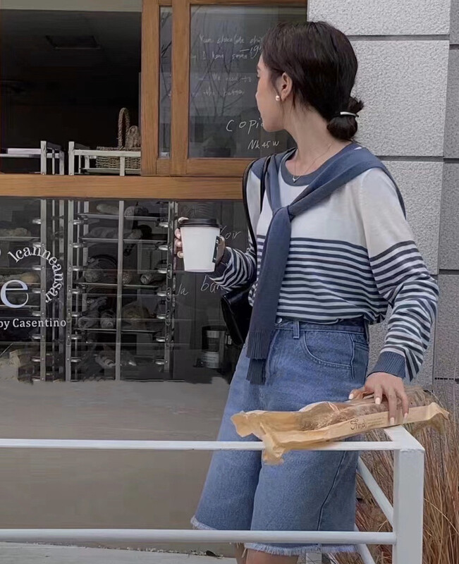 New in early autumn! [Fire Music] Stitching striped all-match knitted sweater (with shawl) 1298# WTT