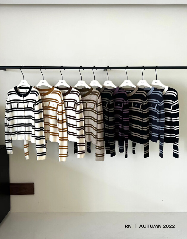 New in autumn!【R N】Korean style round neck stitching contrast color single-breasted knitted cardigan 82900# L