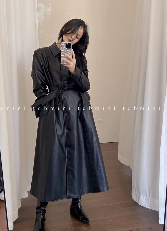 Autumn is new! [TABMINI] Korean style all-match buttoned long-sleeved leather jacket (with belt) Q11308-F# WPL