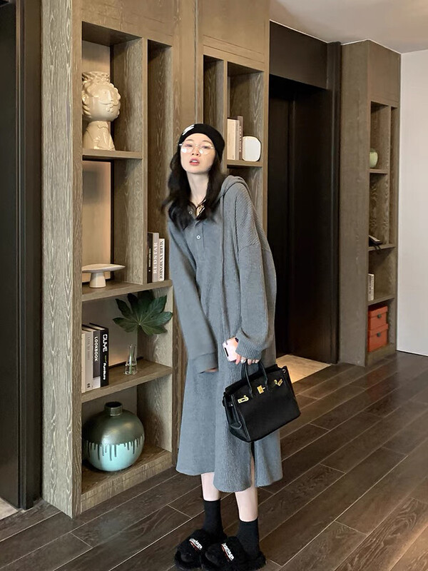 【ING】Pit strip hooded casual dress T8319