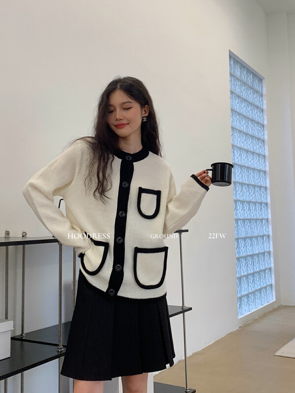 New in autumn! [Fire HOODRESS] Korean version of the contrasting color small fragrant wool knitted cardigan W220606# JHY