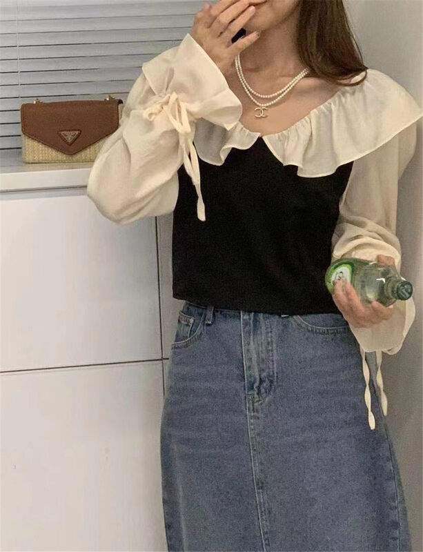 New in autumn! [SUSAN] Contrast color doll collar tie cuff small shirt 81280# LSW