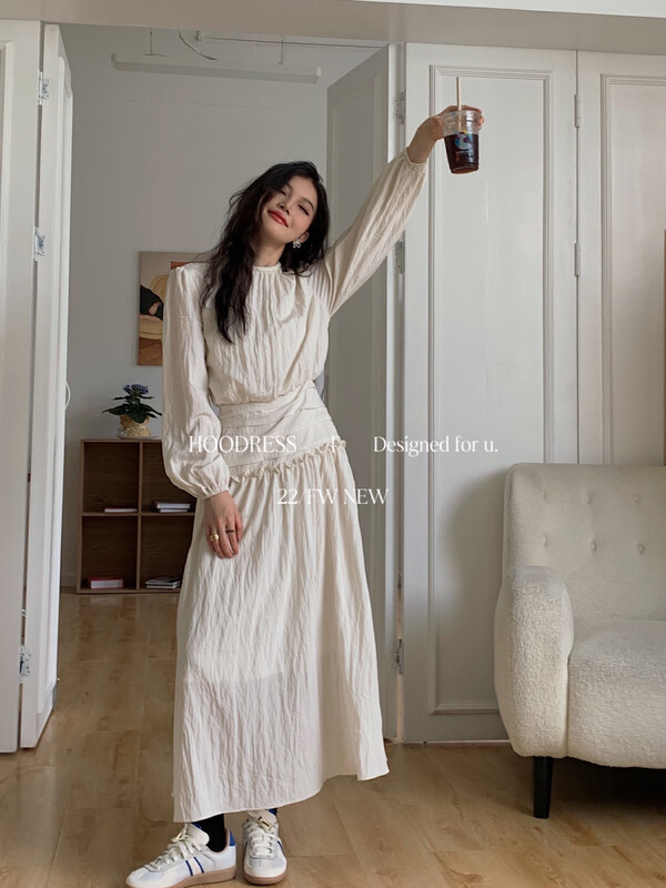 Autumn is new! [Fire HOODRESS] Korean design sense of high-level pleated waist dress 22475# JHY