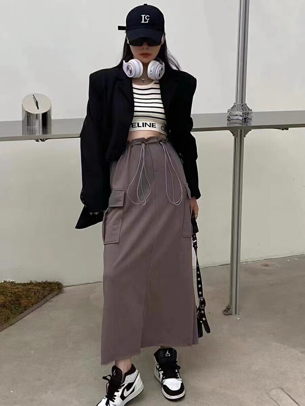 [RAINBOW] Popular sweater drawstring pocket long work skirt skirt 06139