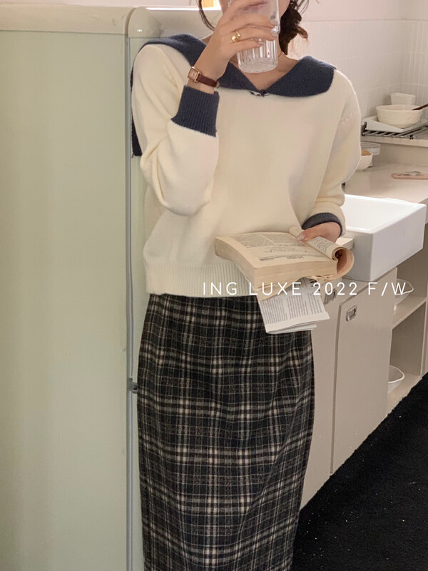 【ING】Korean style doll collar contrast color knitted sweater w3743