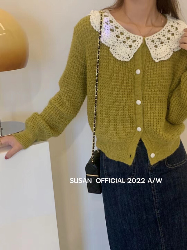 New for Autumn! [SUSAN] Doll Collar Contrast Color Single Breasted Knit Sweater 81788# LSW