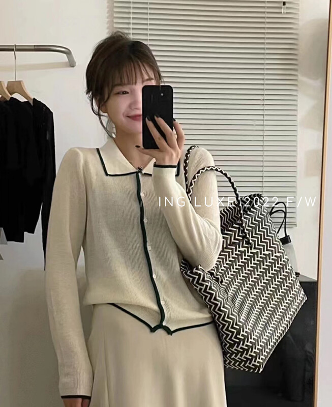 【ING】Vintage temperament all-match gentle color contrast knitted sweater w3735