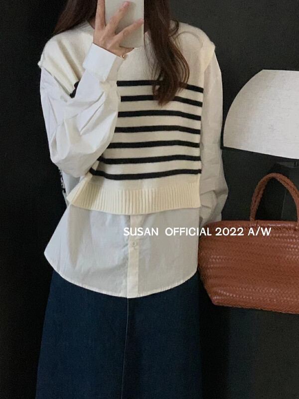 New in autumn! [SUSAN] Korean fake two-piece pullover shirt 81269# LSW