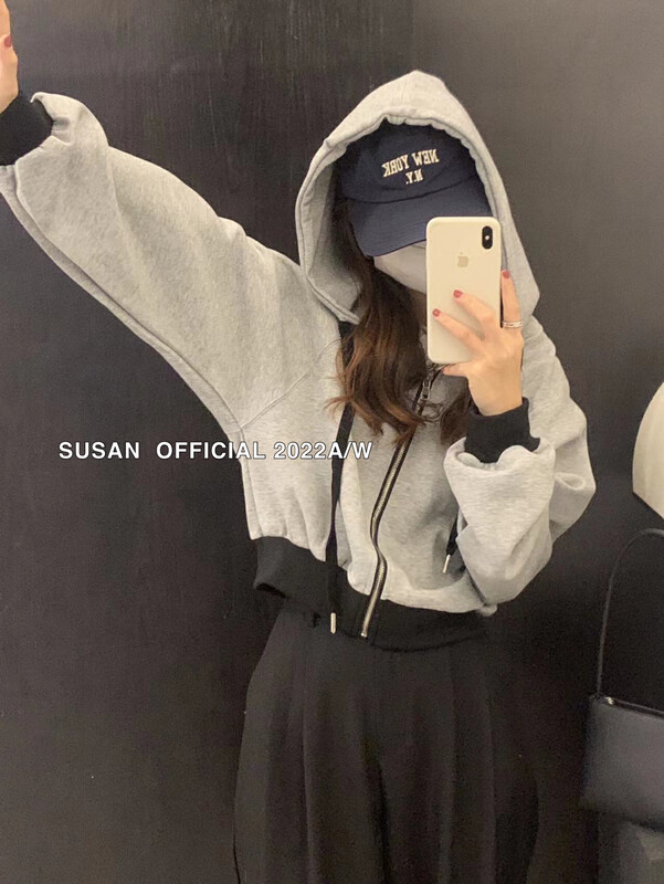 New in autumn! [SUSAN] hooded zipper color-block sweater short coat 81780# LSW