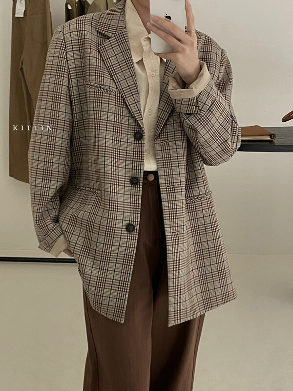 【KITTIN】Korean version of retro loose plaid suit 266