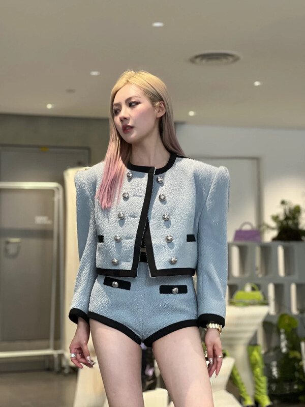 [ALALA EMELIA] Niche Haute Couture Balmain Style Blue Woven Jacket Shorts Suit T2122