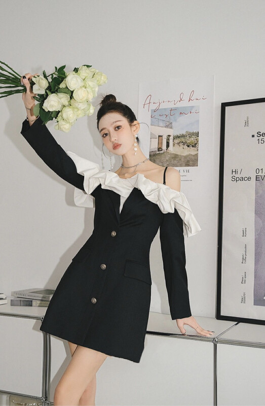【ALALA EMELIA】Nice custom black and white contrast color flower bud collar strap strapless suit dress L2060