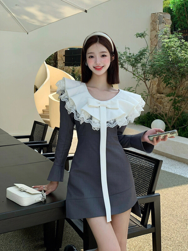 【ALALA EMELIA】Nice Haute Couture Lace Colorblock Collar Stand Cut Design Waist Dress L2235# JHY