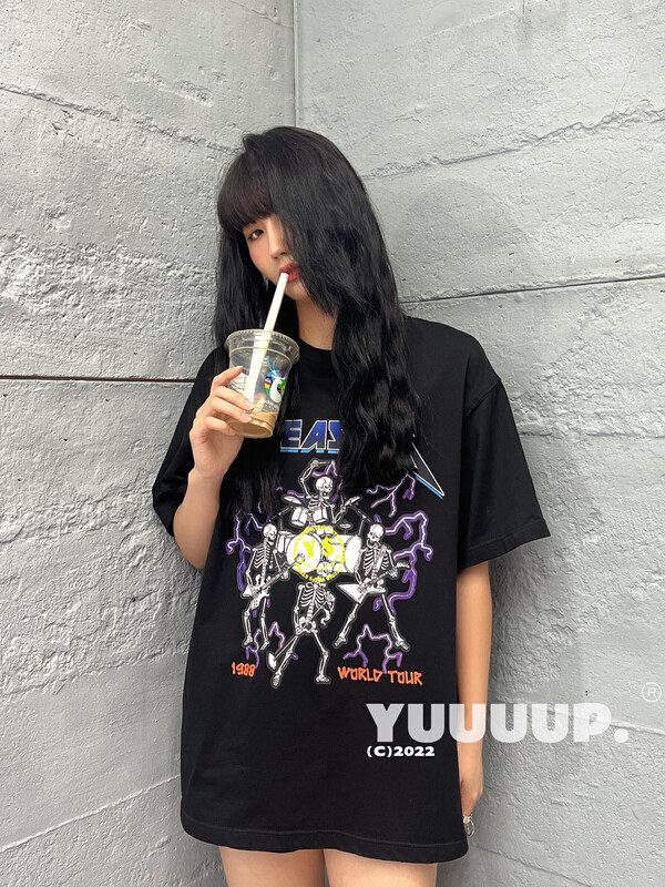 【FISH YU】Cool Skull Band Front and Back Printed Short Sleeve T-Shirt 622272