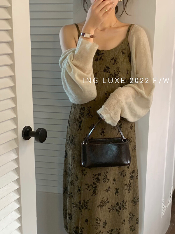 【ING】French Vintage Print Sling Dress 8098# FHX
