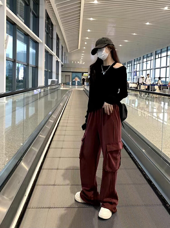 【RAINBOW】Explosive style raw edge pocket sweater overalls casual pants 08396