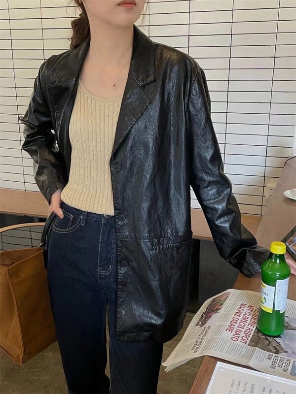 New in autumn! [FEIDING] V-neck versatile breasted leather jacket YS3-5823# CLS