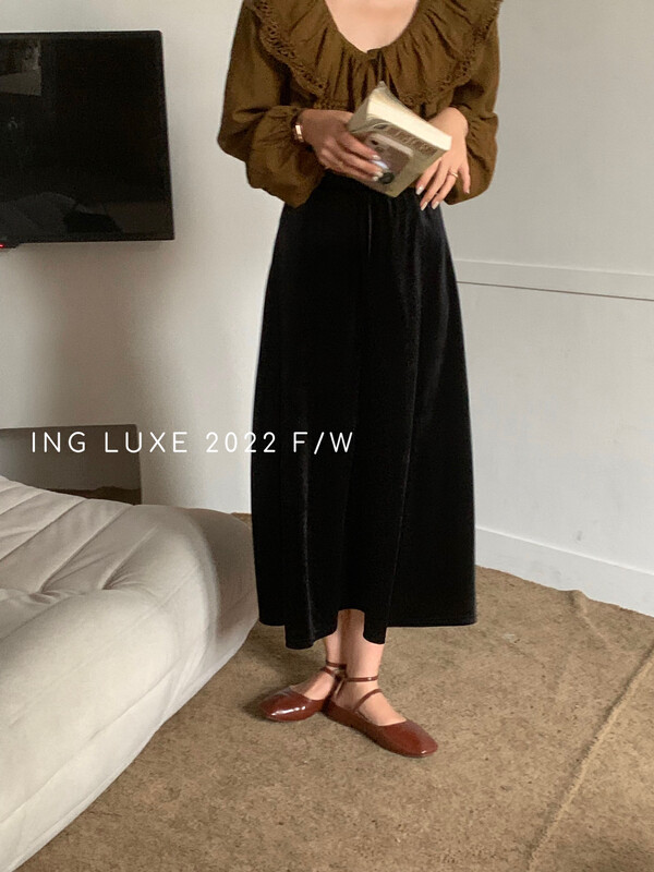 【ING】Vintage velvet elastic waist all-match skirt ING-8085