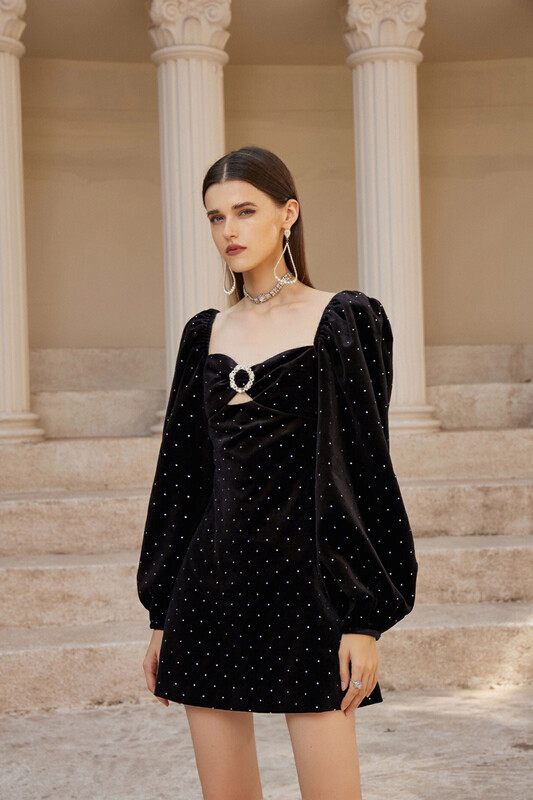 【ALALA EMELIA】Nice haute couture heavy-duty loose diamond craft fabric velvet waist dress L1910# JHY