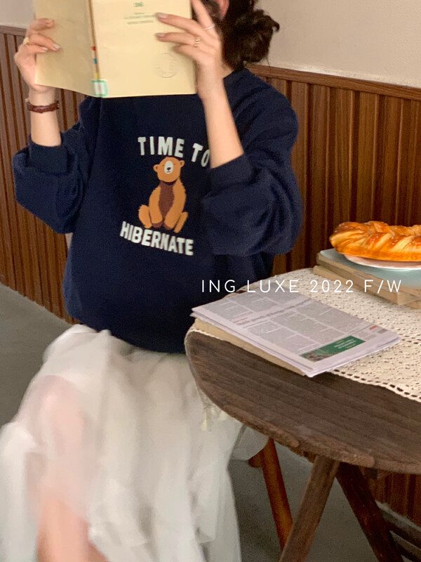 【ING】Korean version all-match bear print sweatshirt 8130