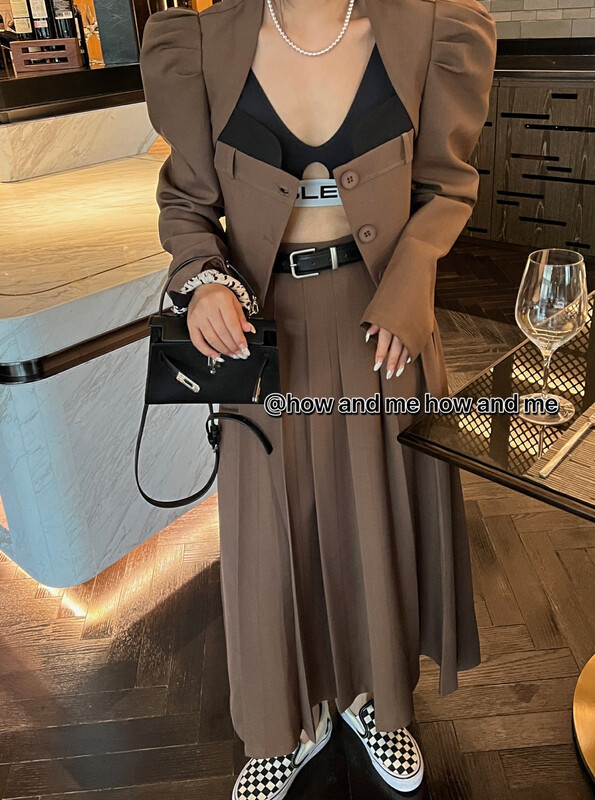 【 HOW AND ME Cheng Xi】Korean Style Contrast Color Suit Jacket + Pleated Long Skirt Suit (with Belt) 5087# CQW