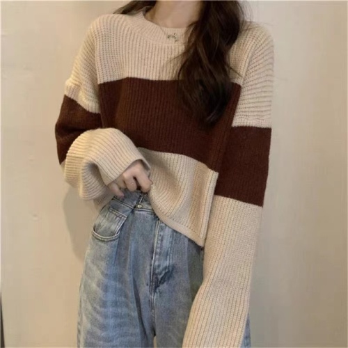 Sweater women's summer with Hong Kong-style retro loose and lazy striped knitted sweater long-sleeved short top