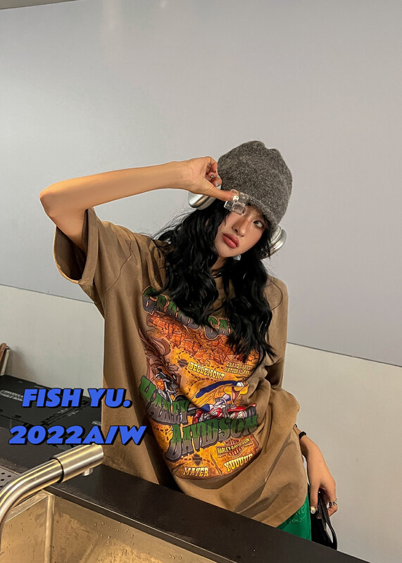 [FISH YU] American retro 3D digital direct injection printing thickened brushed short-sleeved T-shirt 22555