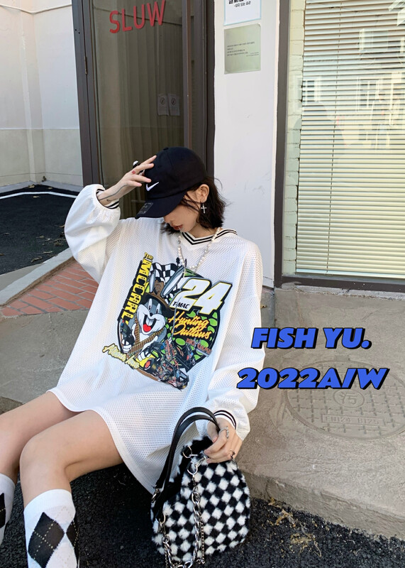 【 FISH YU 】Cartoon Bugs Bunny Racing 3D Digital Printing Mesh Long Sleeve T-Shirt 22029# CQW