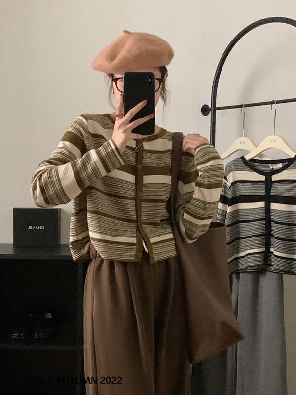 【R N】Korean style loose and thin all-match retro round neck single-breasted knitted cardigan 82152# L
