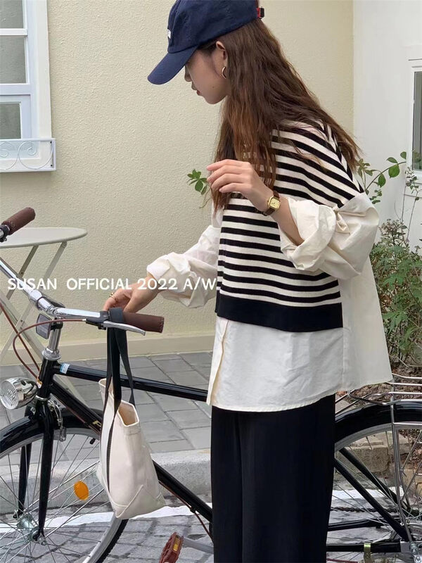 New in autumn! [SUSAN] Striped fake two-piece pullover sweater 1673# LSW
