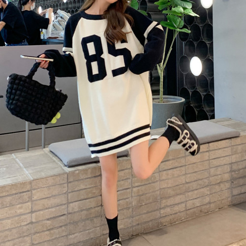 South Korea Dongdaemun hit color letter sweater women's  autumn and winter new loose round neck lazy wind knitted top