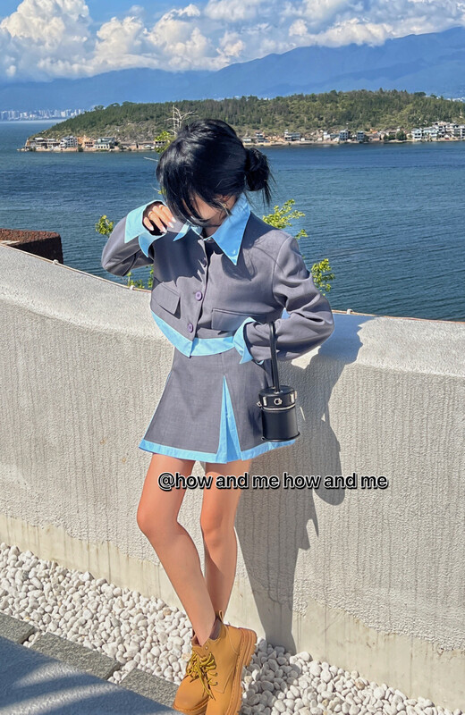 Autumn is new!【 HOW AND ME Cheng Xi】Minority design contrasting suit + slimming pleated skirt suit 5057# CQW