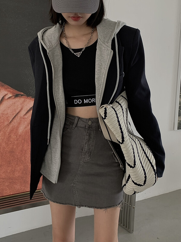 【RAINBOW】Explosive fake two-piece stitched sweater suit hooded short jacket 06119# FHX
