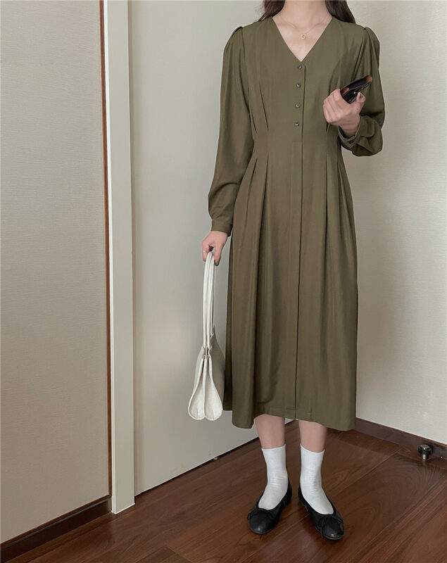 New in autumn!【FEIDING】V-neck loose and slim puff sleeve dress YS1-5871# CLS